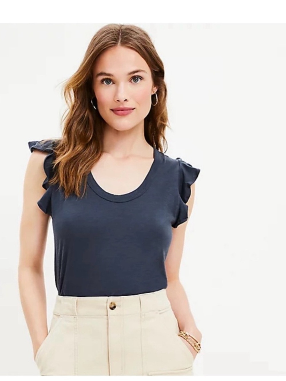 LOFT Navy Ruffle Shoulder Tank